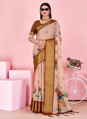 Cream printed art silk designer pallu saree 1