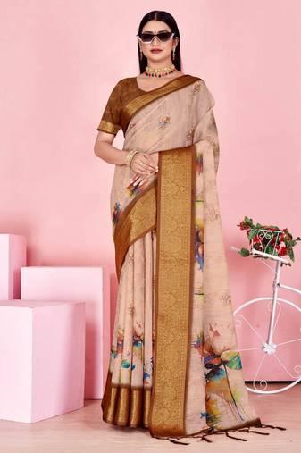 Cream printed art silk designer pallu saree