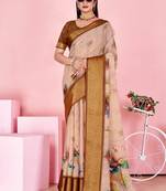 Cream printed art silk designer pallu saree
