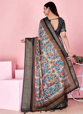 Cream printed art silk designer pallu saree 3