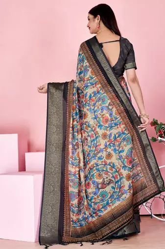 Cream printed art silk designer pallu saree