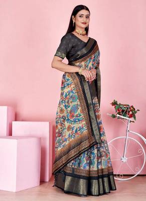 Cream printed art silk designer pallu saree 4