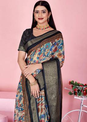 Cream printed art silk designer pallu saree 5