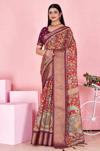 Red printed art silk designer pallu saree