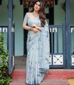 Light grey printed art silk designer pallu saree