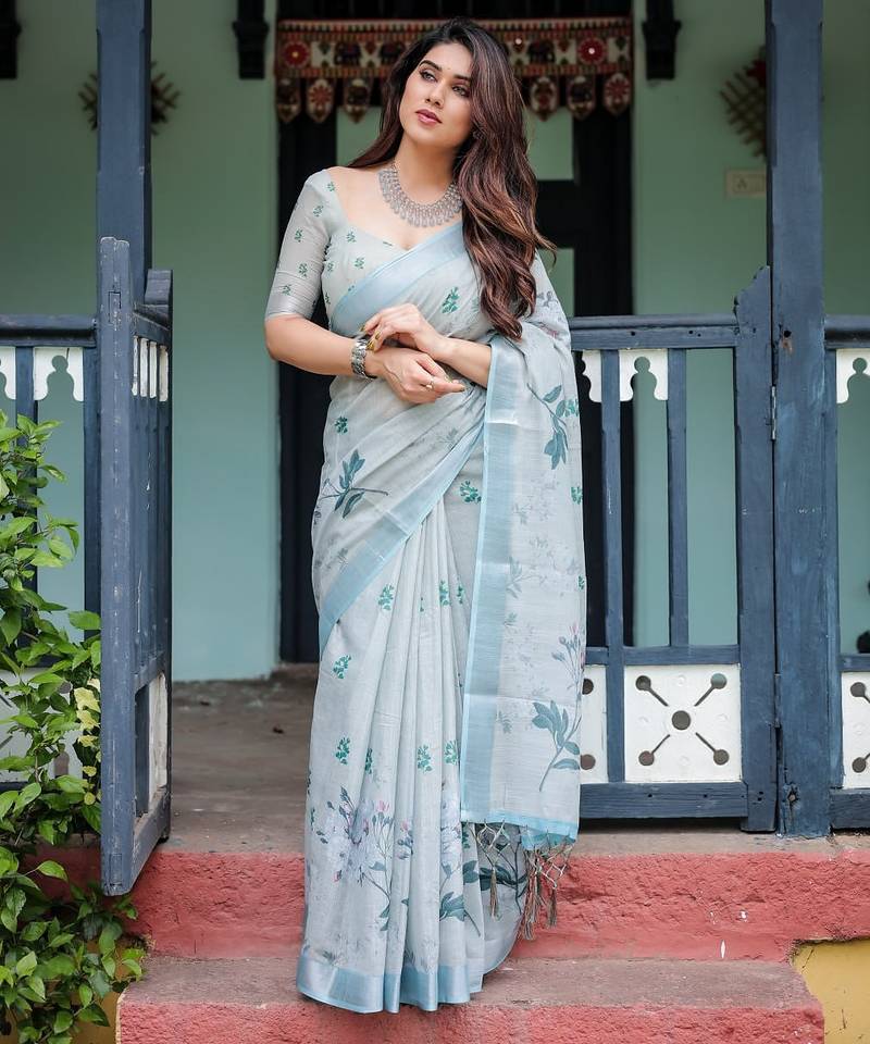 Light grey printed art silk designer pallu saree