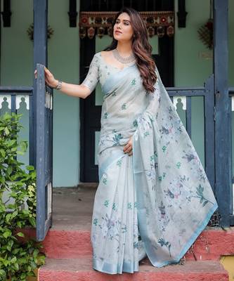 Light grey printed art silk designer pallu saree 2