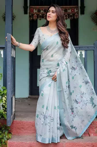 Light grey printed art silk designer pallu saree