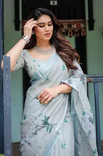 Light grey printed art silk designer pallu saree