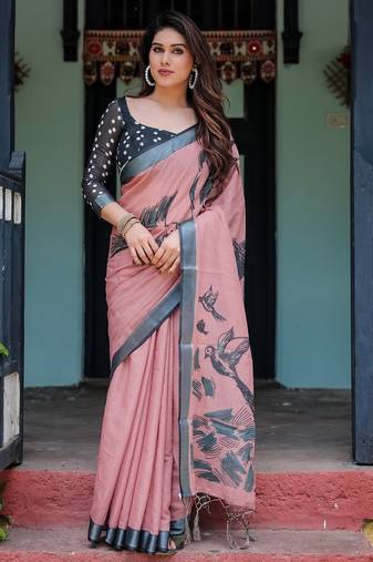 Peach printed art silk designer pallu saree