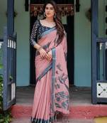 Peach printed art silk designer pallu saree