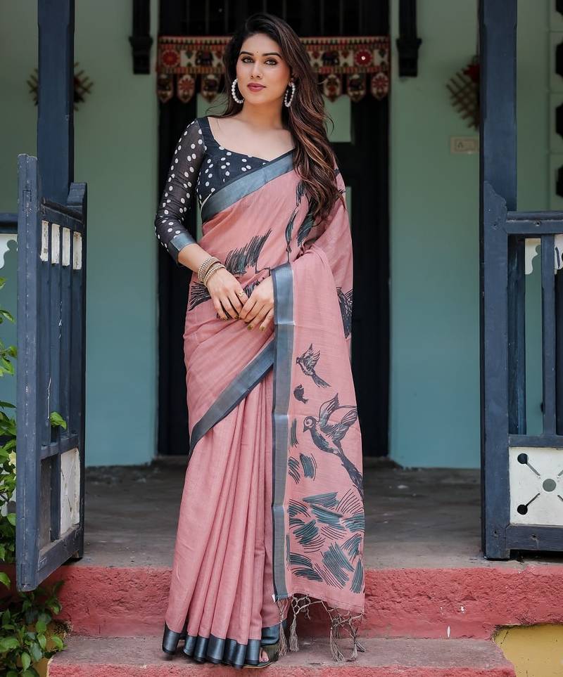 Peach printed art silk designer pallu saree
