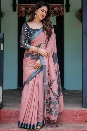 Peach printed art silk designer pallu saree