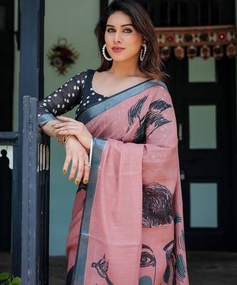 Peach printed art silk designer pallu saree 4