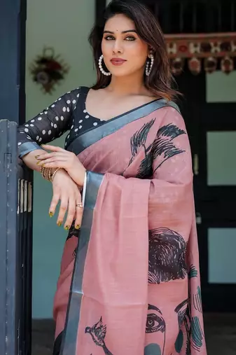 Peach printed art silk designer pallu saree