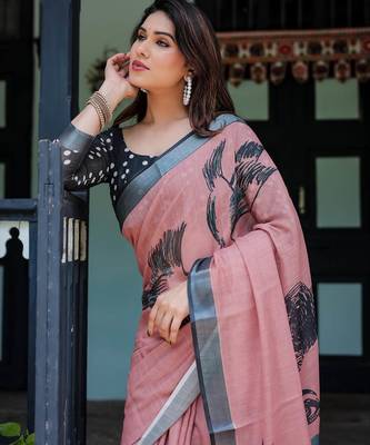 Peach printed art silk designer pallu saree 5