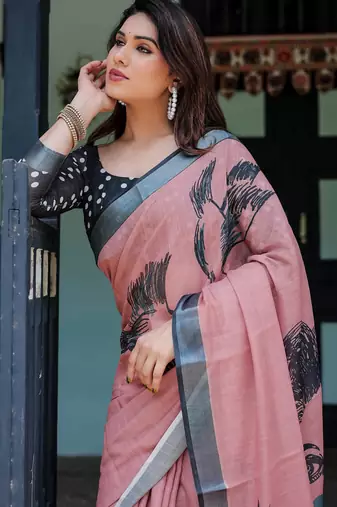 Peach printed art silk designer pallu saree