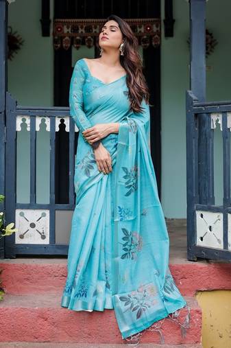Sky blue printed art silk designer pallu saree
