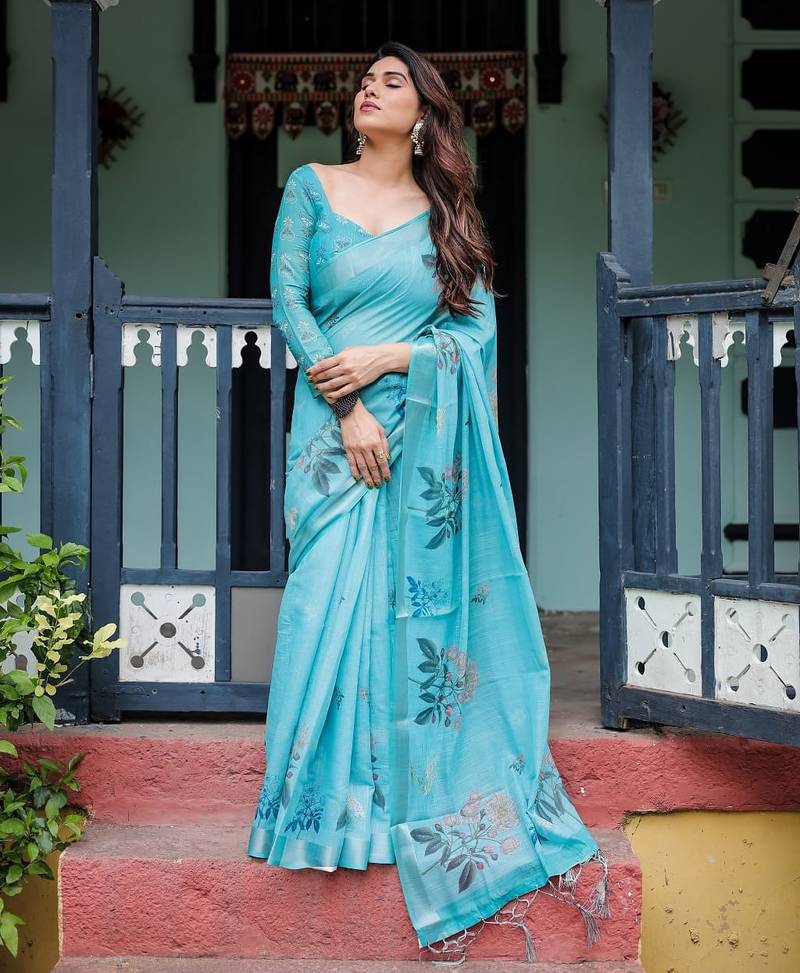 Sky blue printed art silk designer pallu saree