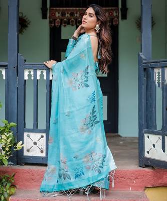 Sky blue printed art silk designer pallu saree 3