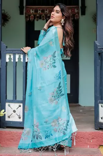 Sky blue printed art silk designer pallu saree