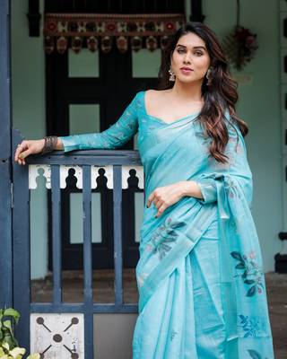 Sky blue printed art silk designer pallu saree 4
