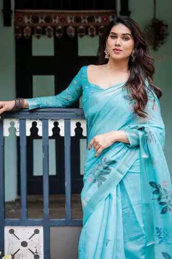 Sky blue printed art silk designer pallu saree