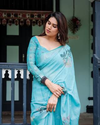 Sky blue printed art silk designer pallu saree 5