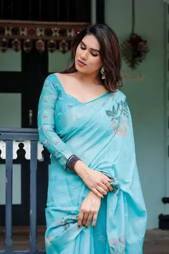 Sky blue printed art silk designer pallu saree