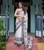 White printed art silk designer pallu saree