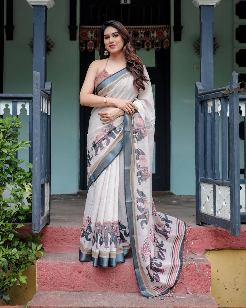 White printed art silk designer pallu saree