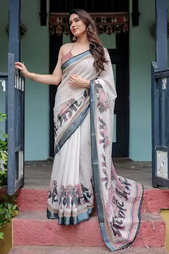 White printed art silk designer pallu saree