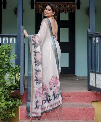 White printed art silk designer pallu saree 3