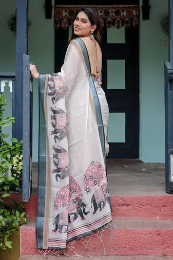 White printed art silk designer pallu saree
