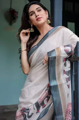 White printed art silk designer pallu saree