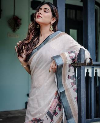 White printed art silk designer pallu saree 5