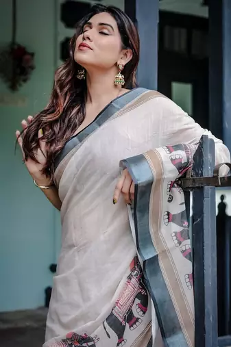 White printed art silk designer pallu saree