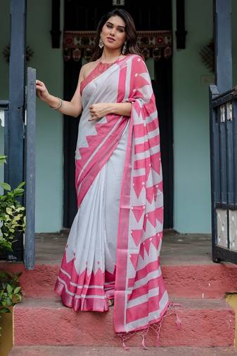 Grey printed art silk designer pallu saree