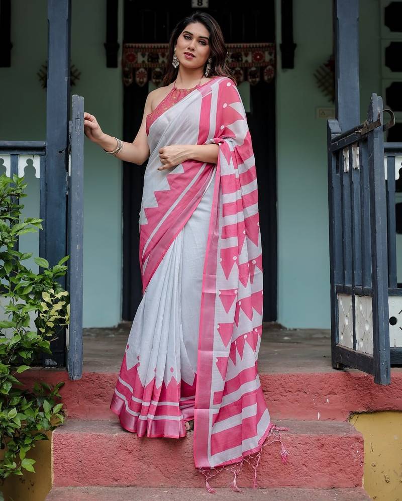 Grey printed art silk designer pallu saree