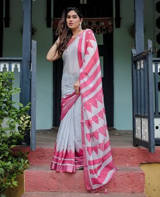 Grey printed art silk designer pallu saree 2