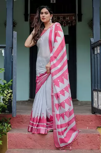 Grey printed art silk designer pallu saree