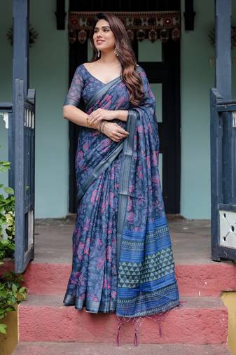 Navy blue printed art silk designer pallu saree