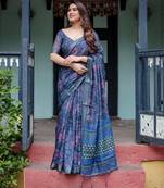 Navy blue printed art silk designer pallu saree