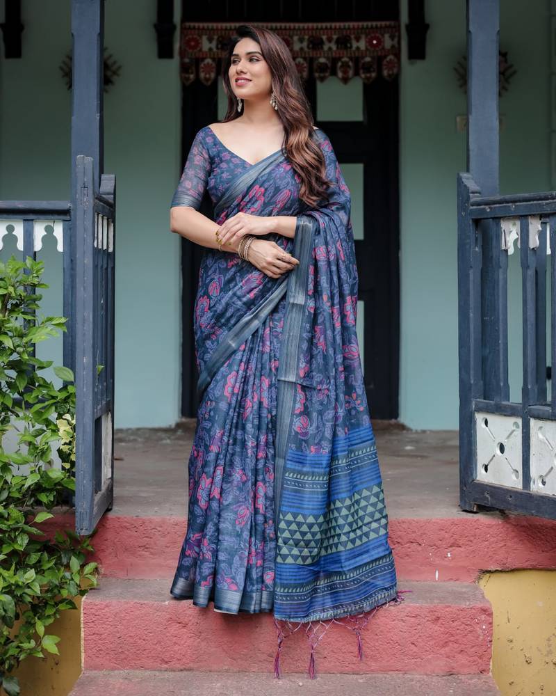 Navy blue printed art silk designer pallu saree