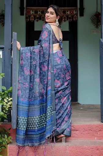 Navy blue printed art silk designer pallu saree
