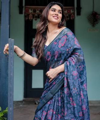 Navy blue printed art silk designer pallu saree 4
