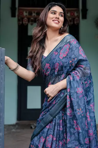 Navy blue printed art silk designer pallu saree