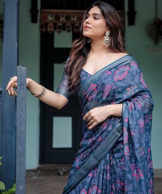 Navy blue printed art silk designer pallu saree 5