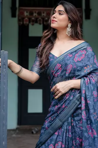 Navy blue printed art silk designer pallu saree