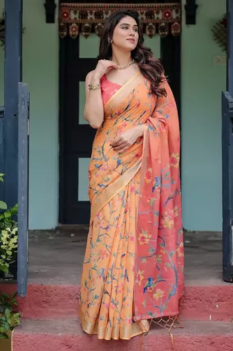 Yellow printed art silk designer pallu saree